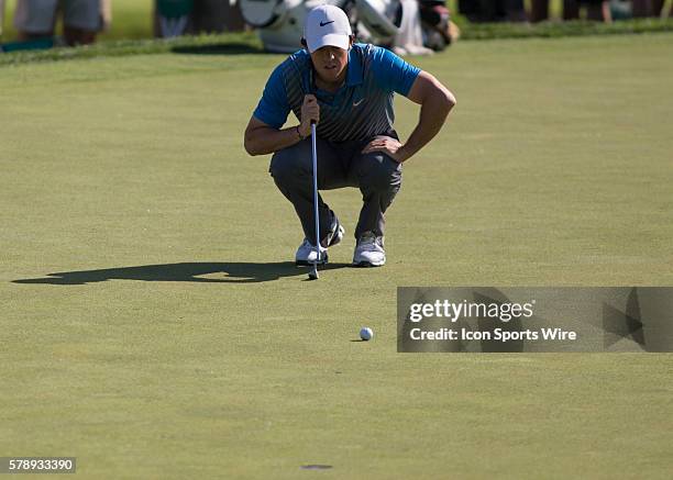 Rory McIlroy lining up a put during the Second Round of the Memorial Tournament presented by Nationwide Insurance held at the Muirfield Village Golf...