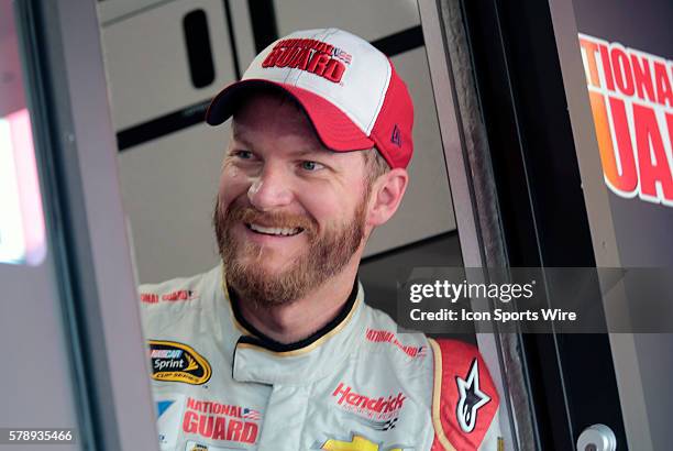 Sprint Cup Series Dale Earnhardt Jr driver of the National Guard Chevrolet during practice for Camping World RV Sales 301 at New Hampshire Motor...