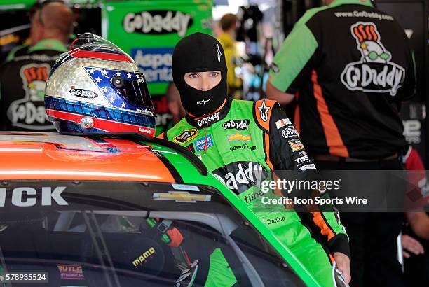 Sprint Cup Series Danica Patrick driver of the GoDaddy Chevrolet during practice for Camping World RV Sales 301 at New Hampshire Motor Speedway in...