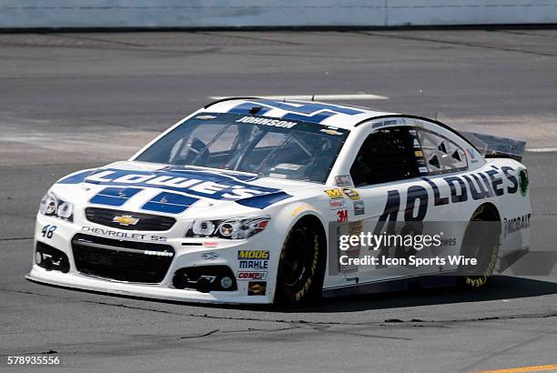 Sprint Cup Series Jimmie Johnson driver of the Lowe's Chevrolet during practice for Camping World RV Sales 301 at New Hampshire Motor Speedway in...