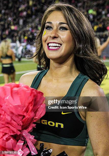 Oregon Ducks cheerleader before the game between the Arizona Wildcats and the Oregon Ducks at Autzen Stadium in Eugene, Oregon.