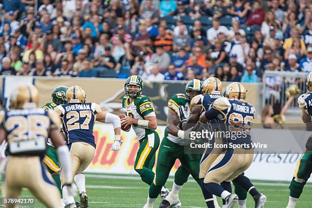 July 2014 Eskimos Mike Reilly goes back to pass during the Eskimos vs Bombers game at the Investors Group Field in Winnipeg MB.