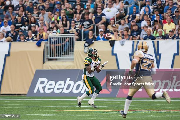 July 2014 Eskimos Jamal Miles catches a punt during the Eskimos vs Bombers game at the Investors Group Field in Winnipeg MB.