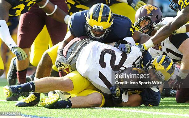 Minnesota running back David Cobb is brought down by Michigan linebackers James Ross III, top, and Joe Bolden, right, during the first quarter of...
