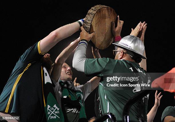 July 18, 2014 - Portland Timbers mascot, Timber Joey, holds a log slab in the Timbers Army section after a second half goal during a Major League...