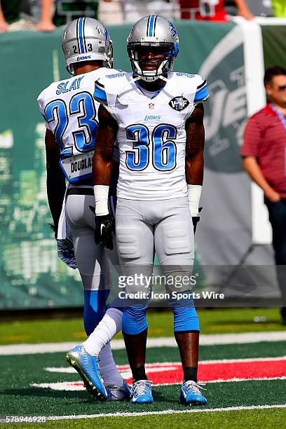 Detroit Lions defensive back Danny Gorrer prior to the game between the New York Jets and the Detroit Lions played at MetLife Stadium in East...