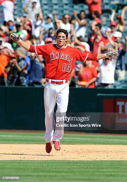 Los Angeles Angels of Anaheim shortstop Grant Green reacts after hitting a walk-off single to defeat the Seattle Mariners 6 to 5 in a game played at...