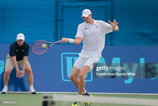 Boston Lobsters John Isner hits a forehand. The Boston Lobsters met the Philadelphia Freedoms in a World Team Tennis match at Boston Lobsters Tennis...