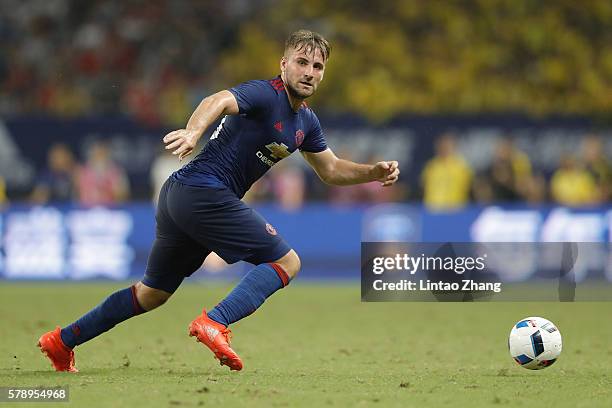 Luke Shaw of Manchester United competes for the ball during the International Champions Cup match between Manchester United and Borussia Dortmund at...