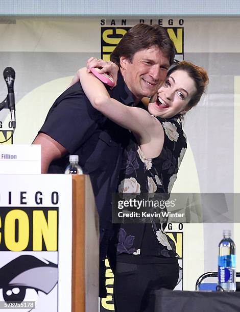 Actors Nathan Fillion and Felicia Day attend the "Con Man" panel during Comic-Con International 2016 at San Diego Convention Center on July 22, 2016...