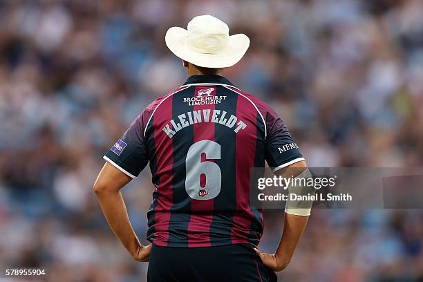 Rory Kleinveldt of Northampton looks on during the NatWest T20 Blast match between Yorkshire Vikings and Nothamptonshire Steelbacks at Headingley on...