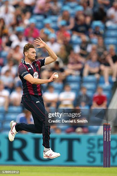 Richard Gleeson of Northampton bowls during the NatWest T20 Blast match between Yorkshire Vikings and Nothamptonshire Steelbacks at Headingley on...