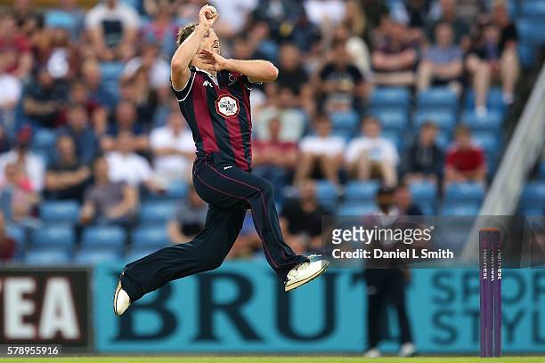 Steven Crook of Northampton bowls during the NatWest T20 Blast match between Yorkshire Vikings and Nothamptonshire Steelbacks at Headingley on July...