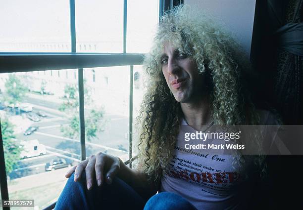 American musician Dee Snider of Twisted Sister wearing a t-shirt with a 'Censored' slogan, pictured in a hotel room during the PMRC senate hearing at...