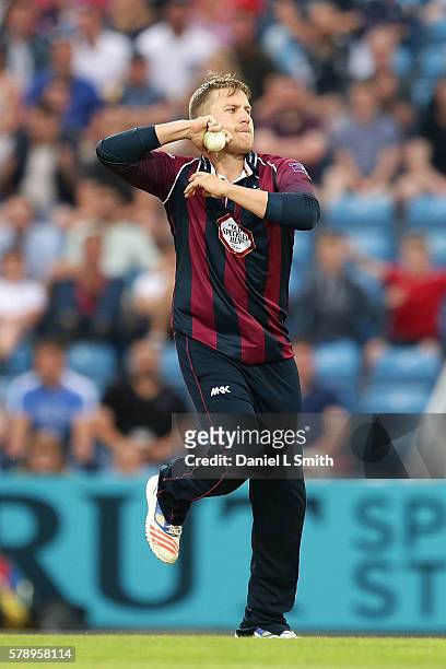 Josh Cobb of Northampton bowls during the NatWest T20 Blast match between Yorkshire Vikings and Nothamptonshire Steelbacks at Headingley on July 22,...