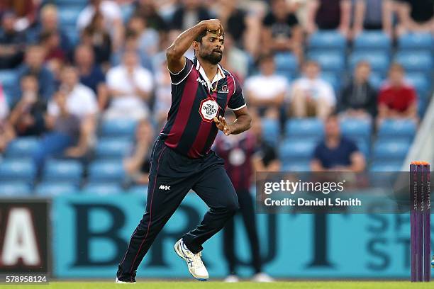 Seekkuge Prasanna of Northampton bowls during the NatWest T20 Blast match between Yorkshire Vikings and Nothamptonshire Steelbacks at Headingley on...