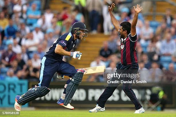 Seekkuge Prasanna of Northampton appeals after a delivery to David Willey of Yorkshire during the NatWest T20 Blast match between Yorkshire Vikings...