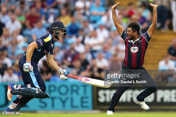 Seekkuge Prasanna of Northampton appeals after a delivery to David Willey of Yorkshire during the NatWest T20 Blast match between Yorkshire Vikings...