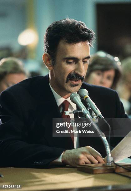 American musician Frank Zappa appears at the PMRC senate hearing at Capitol Hill, Washington DC, United States, 19th September 1985. Representatives...