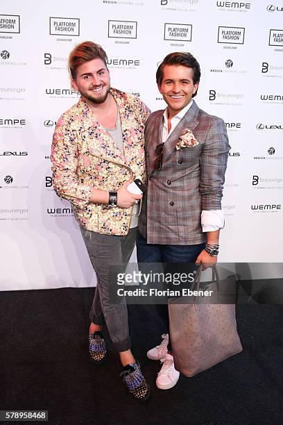Justus Toussis and Luca Bazzanella attend the Breuninger show during Platform Fashion July 2016 at Areal Boehler on July 22, 2016 in Duesseldorf,...