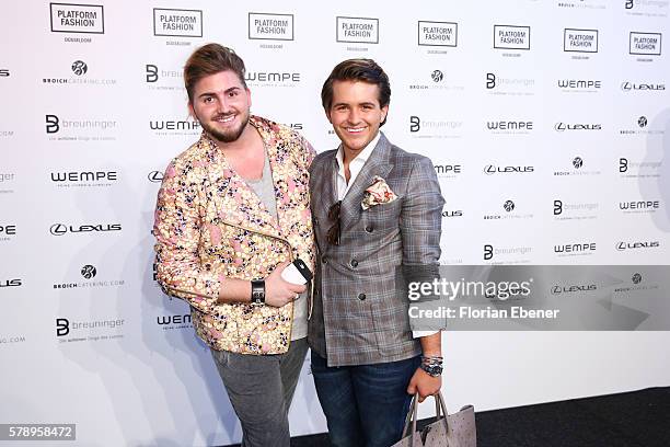 Justus Toussis and Luca Bazzanella attend the Breuninger show during Platform Fashion July 2016 at Areal Boehler on July 22, 2016 in Duesseldorf,...
