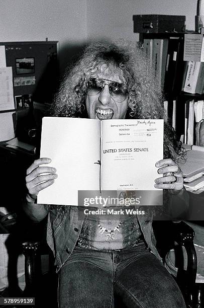 American musician Dee Snider of Twisted Sister poses with papers relating to the PMRC senate hearing at Capitol Hill, Washington DC, United States,...