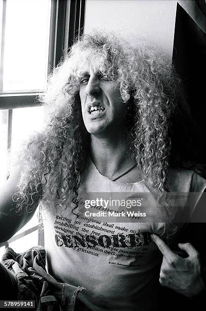 American musician Dee Snider of Twisted Sister wearing a t-shirt with a 'Censored' slogan, pictured in a hotel room during the PMRC senate hearing at...