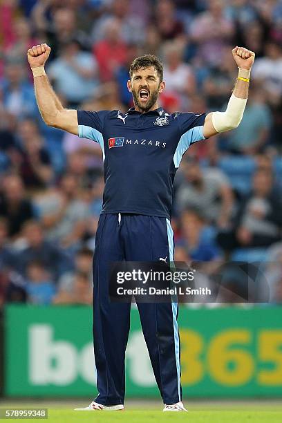 Liam Plunkett of Yorkshire celebrates the dismissal of Adam Rossington of Northampton during the NatWest T20 Blast match between Yorkshire Vikings...