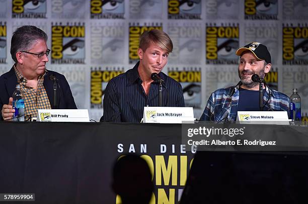Writer/producer Bill Prady, actor Jack McBrayer and writer/producer Steven Molaro attend the Inside "The Big Bang Theory" Writers' Room during...