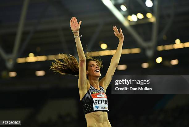 Ruth Beitia of Spain celebrates during the womens high jump on Day One of the Muller Anniversary Games at The Stadium - Queen Elizabeth Olympic Park...