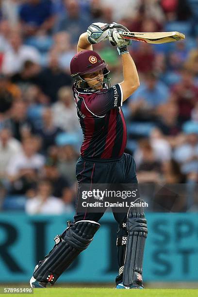 Adam Rossington of Northampton bats during the NatWest T20 Blast match between Yorkshire Vikings and Nothamptonshire Steelbacks at Headingley on July...