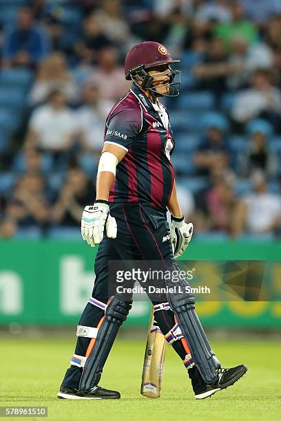 Rory Kleinveldt of Northampton walks off dejected during the NatWest T20 Blast match between Yorkshire Vikings and Nothamptonshire Steelbacks at...