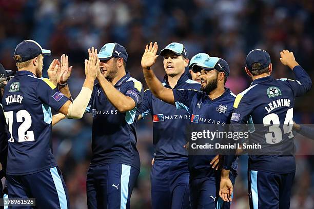 Yorkshire celebrate the dismissal of Rory Kleinveldt of Northampton during the NatWest T20 Blast match between Yorkshire Vikings and Nothamptonshire...