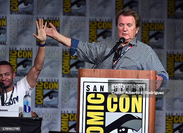 Actors Eugene Byrd and Dave Thomas attend the "Bones" panel during Comic-Con International 2016 at San Diego Convention Center on July 22, 2016 in...