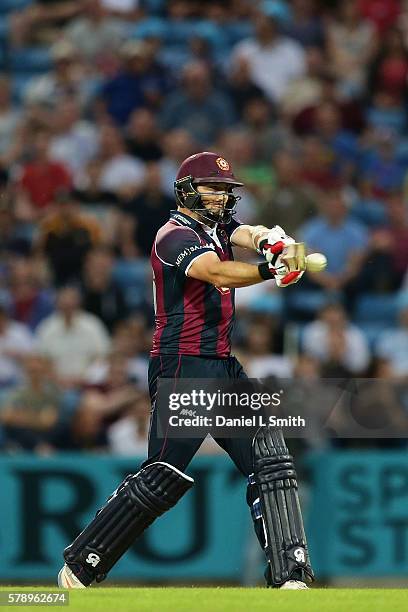 Steven Crook of Northampton bats during the NatWest T20 Blast match between Yorkshire Vikings and Nothamptonshire Steelbacks at Headingley on July...