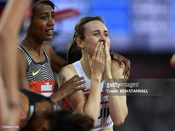 Britain's Laura Muir reacts to winning the women's 1500m in a new British record time at the IAAF Diamond League Anniversary Games athletics meeting...
