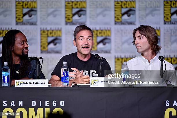 Writers Saladin K. Patterson, Steve Holland and Jim Reynolds attend the Inside "The Big Bang Theory" Writers' Room during Comic-Con International...