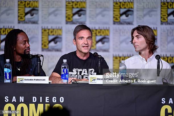 Writers Saladin K. Patterson, Steve Holland and Jim Reynolds attend the Inside "The Big Bang Theory" Writers' Room during Comic-Con International...