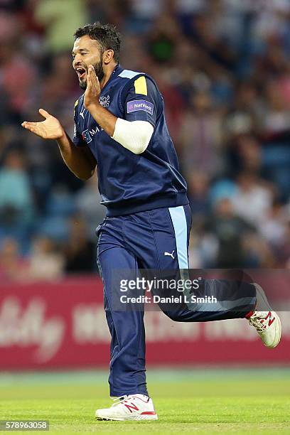 Azeem Rafiq of Yorkshire celebrates dismissing Graeme White of Northampton during the NatWest T20 Blast match between Yorkshire Vikings and...