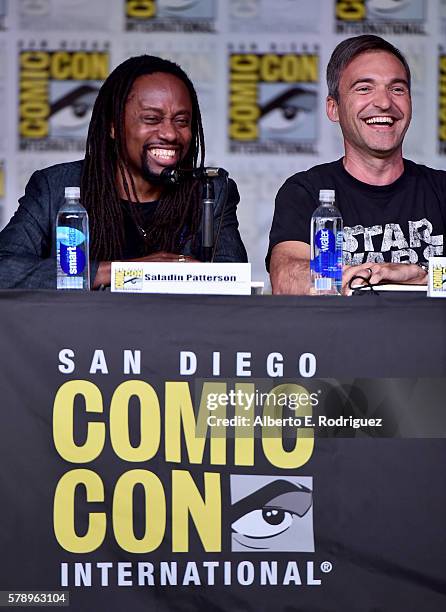 Writers Saladin K. Patterson and Steve Holland attend the Inside "The Big Bang Theory" Writers' Room during Comic-Con International 2016 at San Diego...