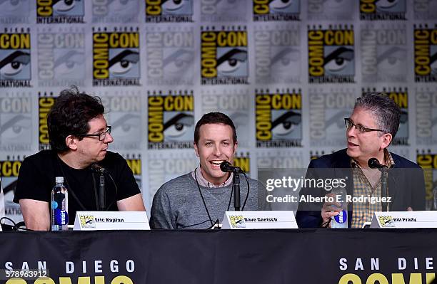 Writers Eric Kaplan, David Goetsch and Bill Prady attend the Inside "The Big Bang Theory" Writers' Room during Comic-Con International 2016 at San...