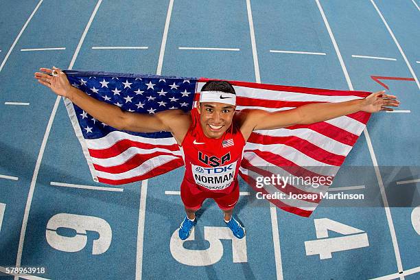 Michael Norman from USA celebrates winning a gold medal in men's 200 metres during the IAAF World U20 Championships at the Zawisza Stadium on July...