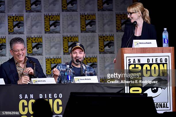 Writers Bill Prady and Steven Molaro and actress Melissa Rauch attend the Inside "The Big Bang Theory" Writers' Room during Comic-Con International...