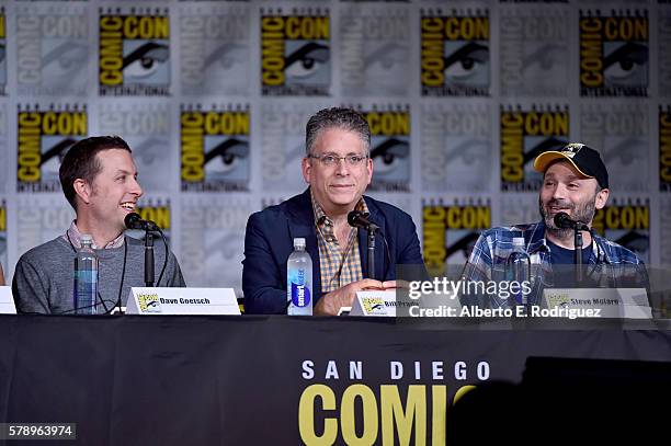 Writers David Goetsch, Bill Prady and Steven Molaro attend the Inside "The Big Bang Theory" Writers' Room during Comic-Con International 2016 at San...