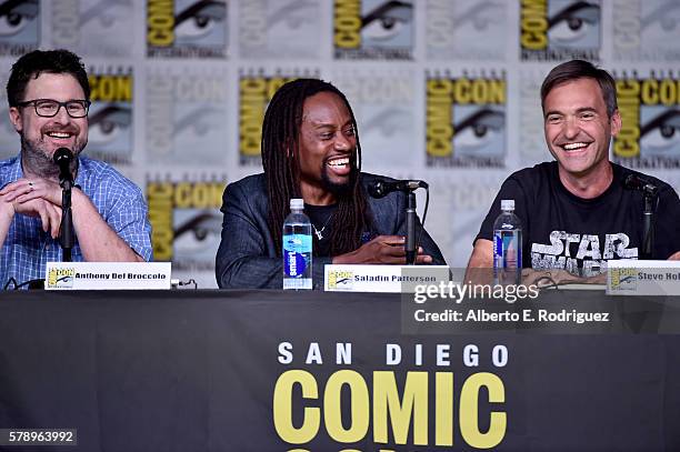 Writers Anthony Del Broccolo, Saladin K. Patterson and Steve Holland attend the Inside "The Big Bang Theory" Writers' Room during Comic-Con...