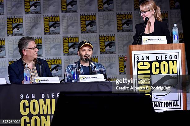 Writers Bill Prady and Steven Molaro and actress Melissa Rauch attend the Inside "The Big Bang Theory" Writers' Room during Comic-Con International...