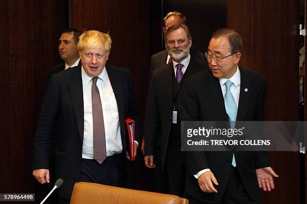 British Foreign Secretary Boris Johnson and UN Secretary General Ban Ki-moon meet at UN Headquarters in New York, 22 July, 2016. / AFP / TREVOR...