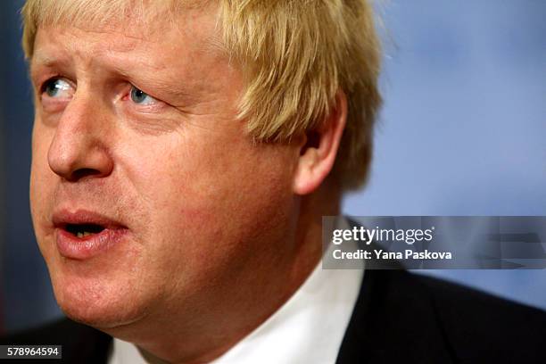 British Foreign Secretary Boris Johnson gives a press conference in the Security Council Stakeout area of the United Nations Headquarters after...