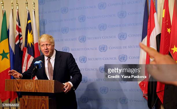 British Foreign Secretary Boris Johnson gives a press conference in the Security Council Stakeout area of the United Nations Headquarters after...