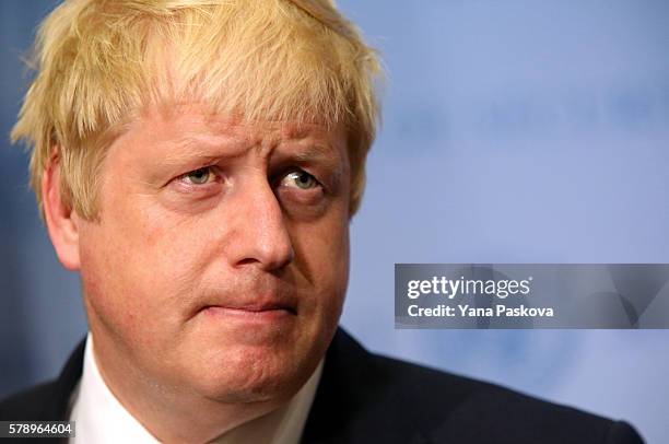 British Foreign Secretary Boris Johnson gives a press conference in the Security Council Stakeout area of the United Nations Headquarters after...